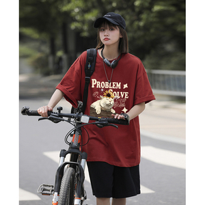 美式vibe纯棉短袖T恤慵懒小猫咪图案休闲宽松打底衫HY574TP20图片