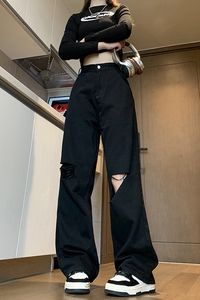 美式潮流破洞工装裤潮牌vibe高街休闲宽松直筒牛仔裤K491TP45控78图片