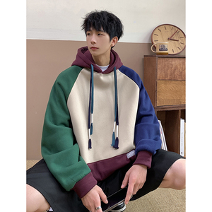 情侣cityboy拼色插肩袖连帽卫衣秋季学生慵懒风上衣HY270P65控98图片
