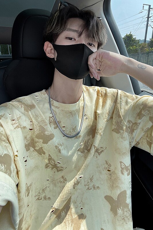 美式纯棉圆领休闲短袖打底衫百搭蝴蝶高街破洞款短袖HY556TP38,男装T恤,电商A102B