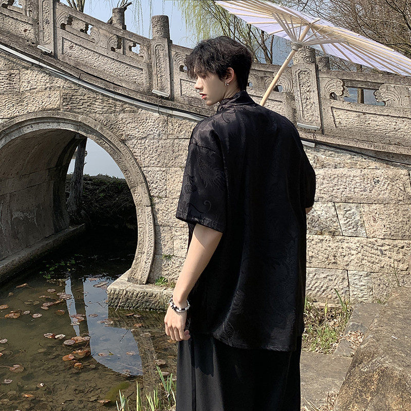 2024夏新中式龙纹短袖衬衫男女同款上衣风潮款HY518TP38控58,男装衬衫,电商A102B