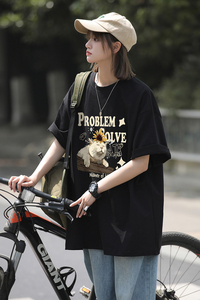 慵懒风小猫咪印花休闲宽松打底衫美式纯棉圆领短袖T恤HY574TP20图片