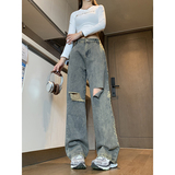 美式潮流破洞工装裤潮牌vibe高街休闲宽松直筒牛仔裤K491TP45控78，男装休闲裤，电商A102B