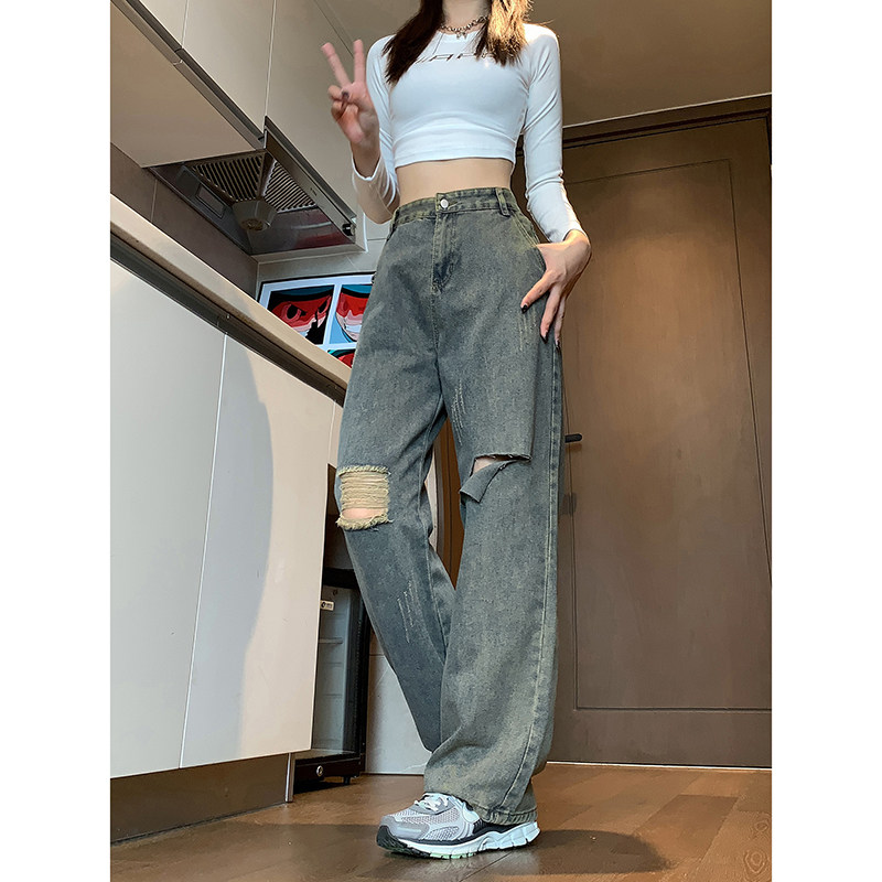 美式vibe高街潮流休闲宽松直筒牛仔裤潮牌破洞工装裤K491TP45控78,男装休闲裤,电商A102B