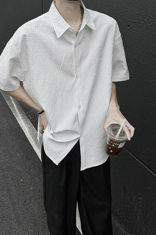 肌理感衬衣潮流翻领设计复古开衫潮牌短袖衬衫HY553TP40控68,男装衬衫,电商A102B