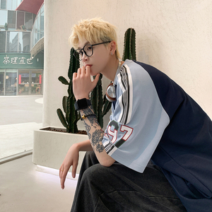 美式街头潮牌拼接色ins风上衣潮牌印花篮球服T恤HY536TP35控58图片