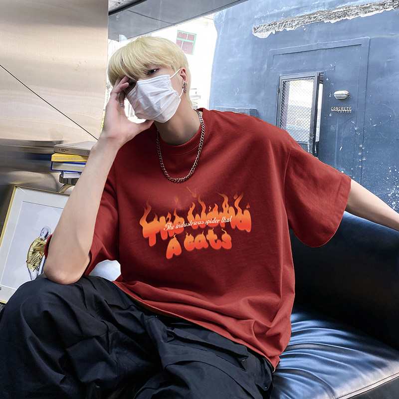 美式圆领纯棉短袖T恤火焰印花宽松休闲vibe潮流打底衫HY573TP20,男装T恤,电商A102B