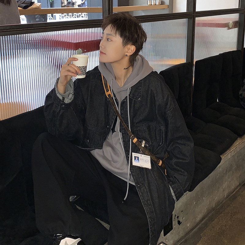 港风牛仔外套男春韩宽松ins夹克男衣服工装外套潮牌HY28P70控88图片