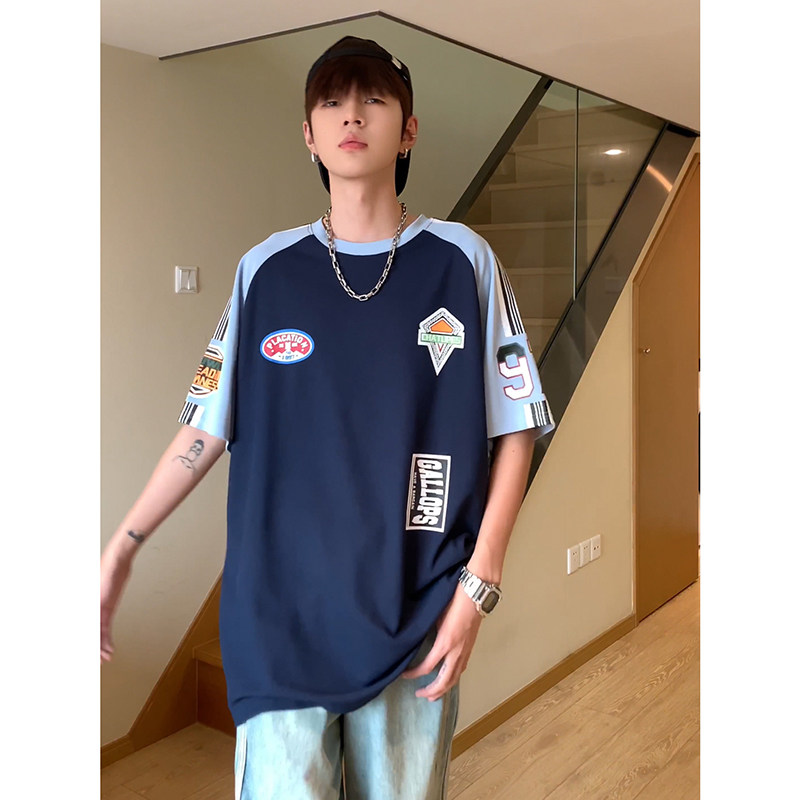 美式ins风上衣街头潮牌拼接色短袖印花篮球服T恤HY536TP35控58,男装T恤,电商A102B