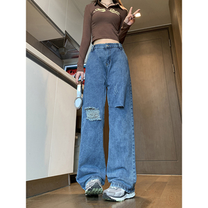 美式潮流破洞工装裤潮牌vibe高街休闲宽松直筒牛仔裤K491TP45控78图片