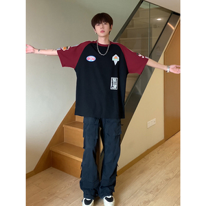 美式ins风上衣街头潮牌拼接色短袖印花篮球服T恤HY536TP35控58