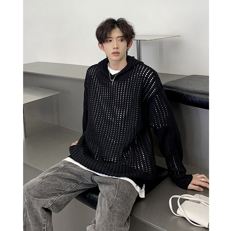 男生韩版超火小众感连帽镂空针织衫透气休闲上衣HY513TP55控79，男装针织衫/毛衣，电商A102B