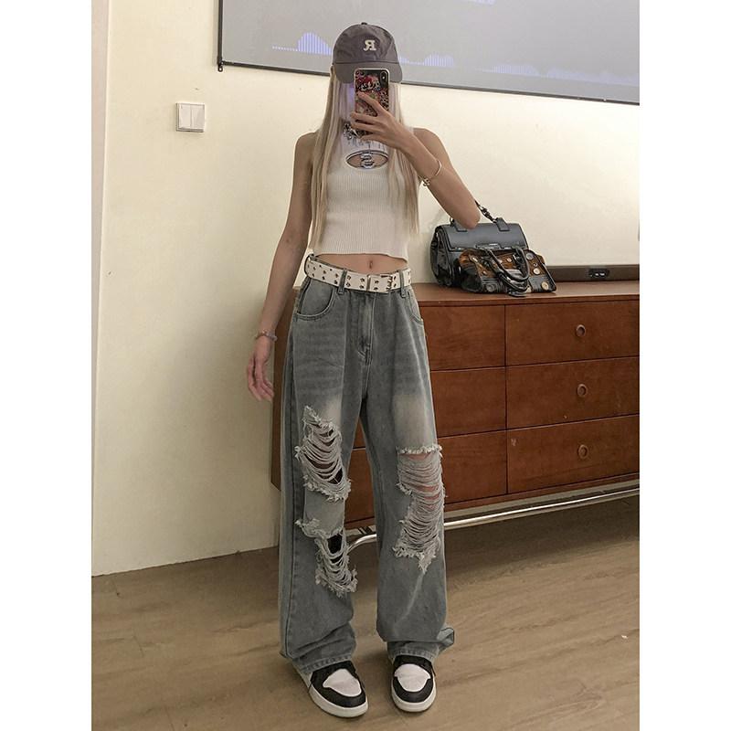 美式hiphop高街潮流宽松休闲直筒破洞牛仔裤休闲百搭K547TP45控68,男装休闲裤,电商A102B