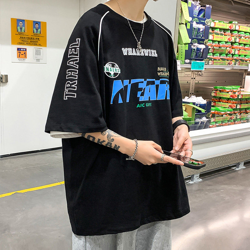2024潮牌字母美式拼接机车服短袖男女宽松圆领T恤HY165TP35控48图片