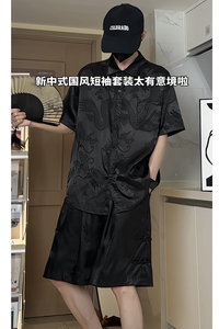 新款风套装新中式龙纹宽松休闲薄款衬衣短裤套装唐装T11TP65图片