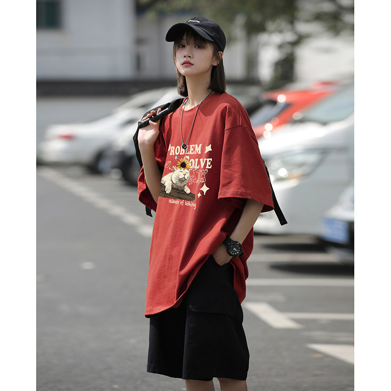 美式vibe圆领纯棉短袖T恤慵懒小猫咪印花宽松休闲打底衫HY574TP20,男装T恤,电商A102B