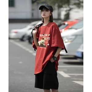 美式vibe圆领纯棉短袖T恤慵懒小猫咪印花宽松休闲打底衫HY574TP20图片
