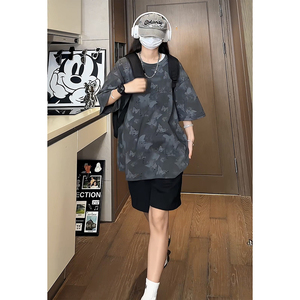 蝴蝶破洞短袖美式高街百搭款圆领纯棉休闲短袖打底衫HY556TP38图片