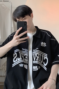 日系复古棒球服开衫外套夏季宽松衬衣cityboy短袖HY332TP45控69图片