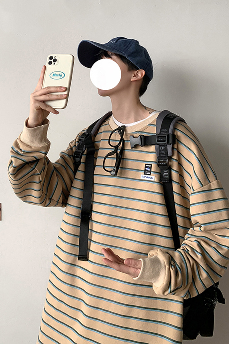 复古拼色条纹卫衣男潮牌街头bf慵懒风情侣休闲打底衫HY24T,男装卫衣,电商A102B