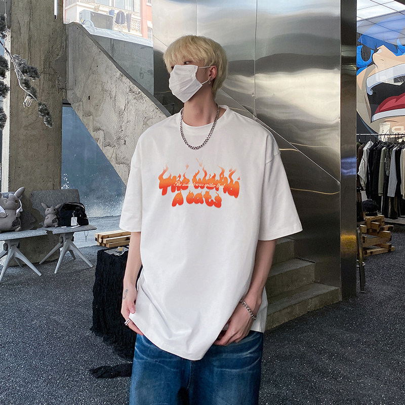 新款美式圆领纯棉T恤火焰印花宽松休闲打底衫HY573TP20,男装T恤,电商A102B