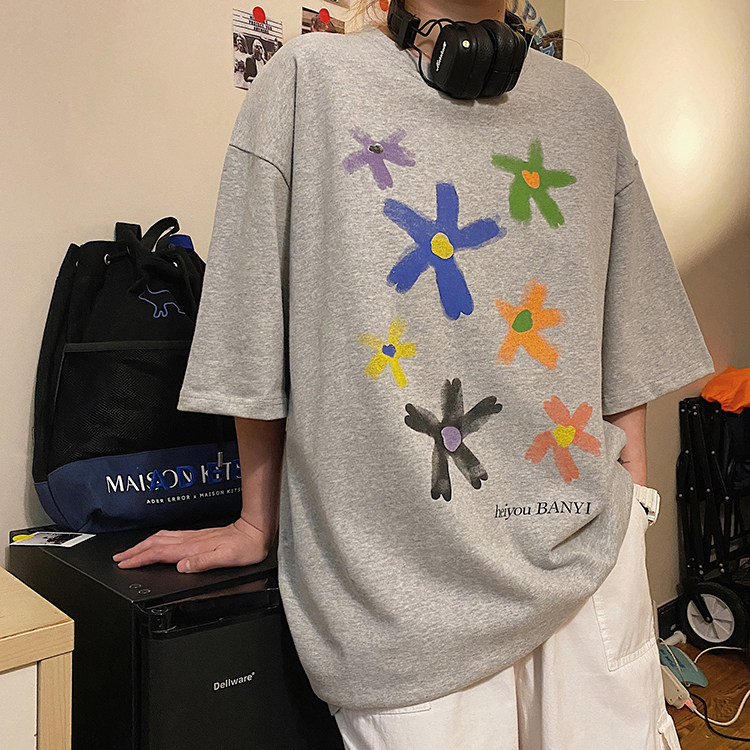 夏季撞色印花短袖T恤男士潮牌圆领短袖宽松insT恤衫情侣HY29T图片