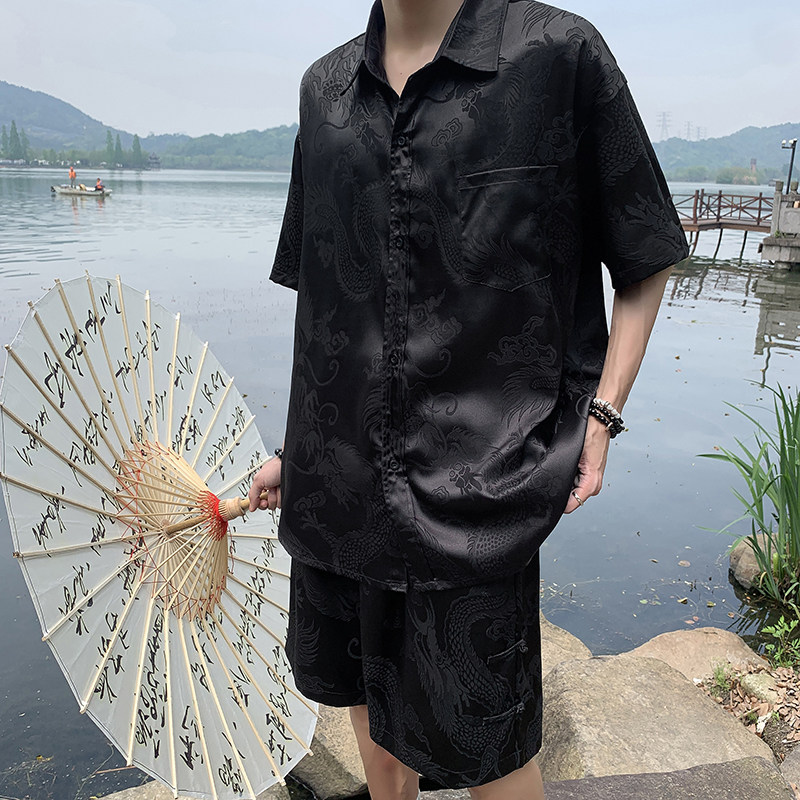 新中式龙纹风唐装套装宽松休闲薄款衬衣短裤T11TP65,男装衬衫,电商A102B