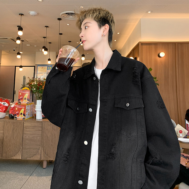 美式复古牛仔夹克男生秋冬水洗做旧长袖外套小众简约宽松大码上衣,男装夹克,电商A102B