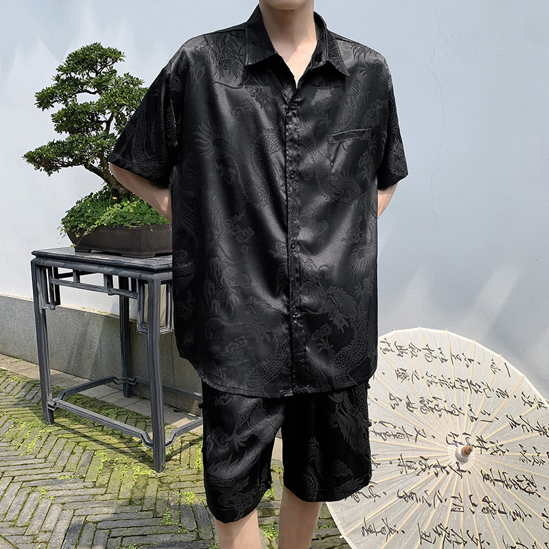 风唐装套装新中式龙纹宽松休闲薄款衬衣短裤T11TP65,男装衬衫,电商A102B
