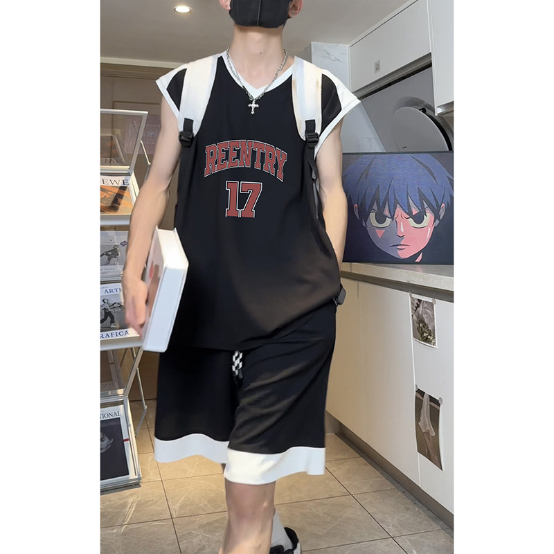 voersize美式高街17号篮球服宽松休闲无袖外穿运动服套装T12TP55,男装休闲套装,电商A102B