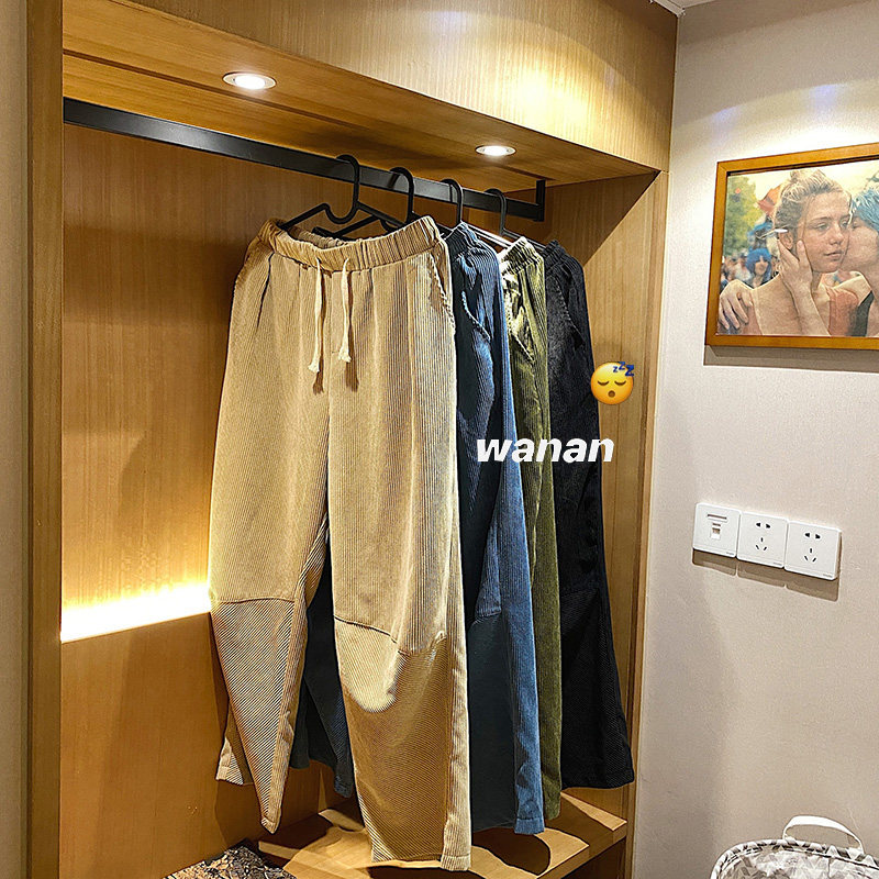 港风灯芯绒休闲直筒裤子男女2021新款垂感阔腿拖地裤图片