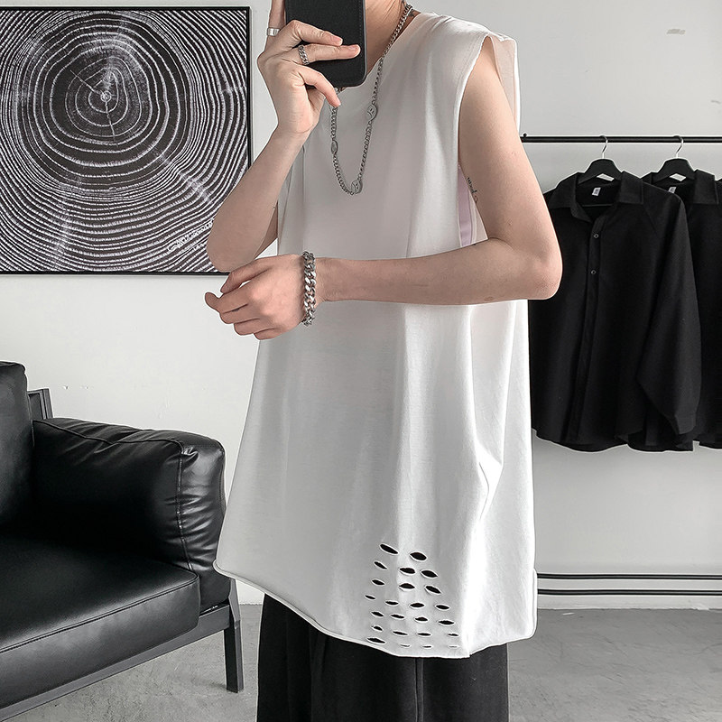 破坏磨边oversize宽松打底叠穿纯色背心夏季潮男无袖T恤HY44T图片