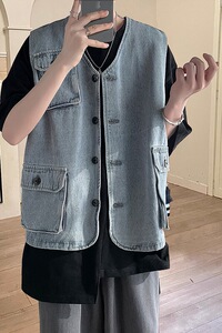 港味复古牛外马甲男外套韩版宽松无袖马甲外套夹克HY26TP60控98图片