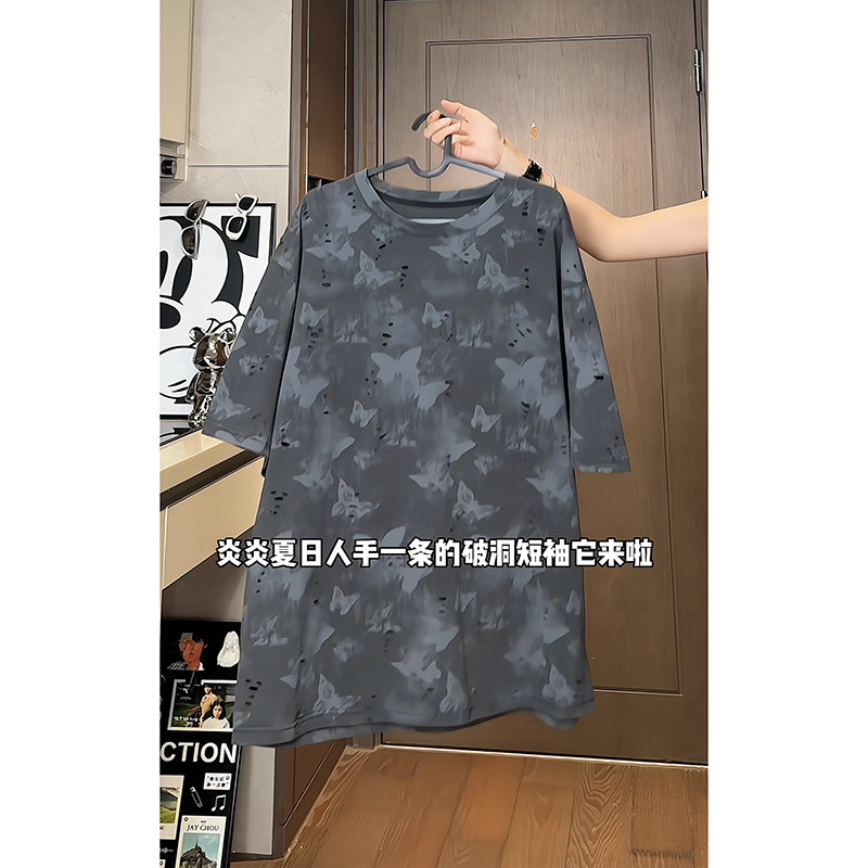 百搭款蝴蝶破洞高街短袖美式圆领纯棉休闲短袖打底衫HY556TP38,男装T恤,电商A102B