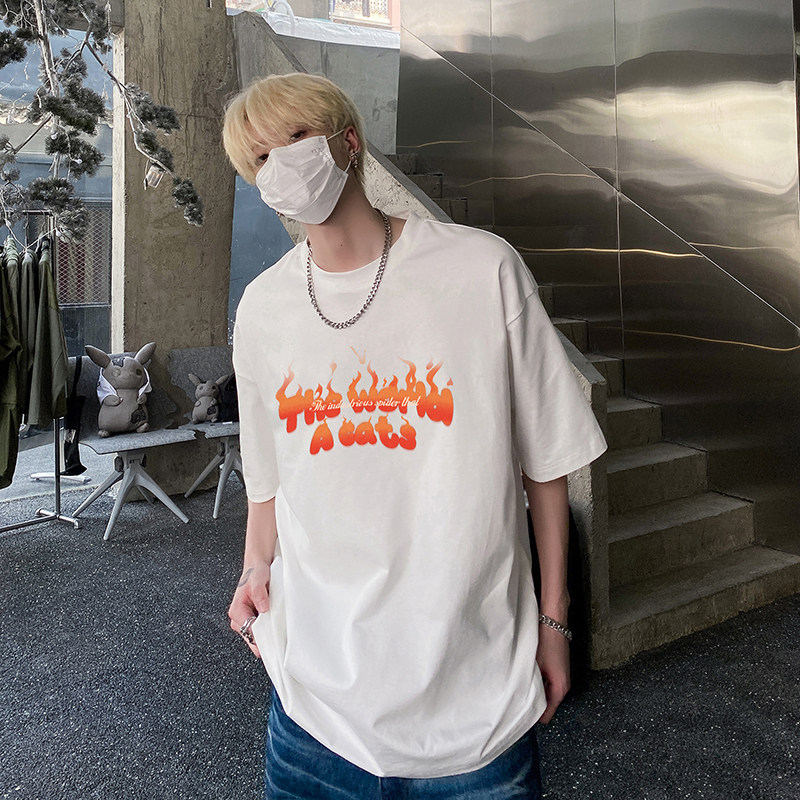 美式圆领纯棉短袖T恤火焰印花宽松休闲vibe潮流打底衫HY573TP20图片
