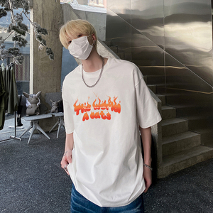 美式圆领纯棉短袖T恤火焰印花宽松休闲vibe潮流打底衫HY573TP20图片