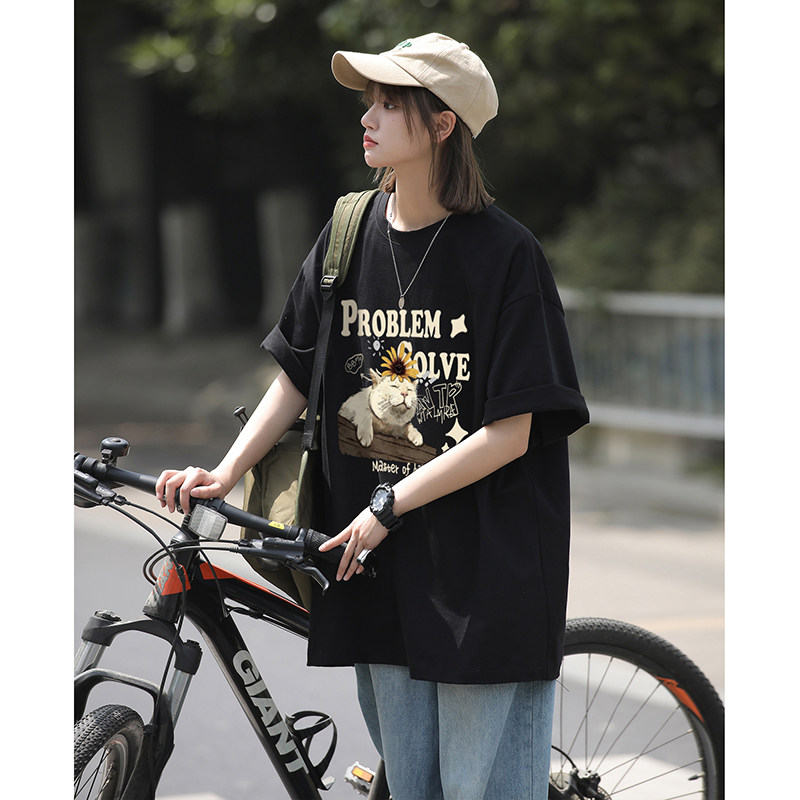 慵懒风小猫咪印花休闲宽松打底衫美式vibe纯棉短袖T恤HY574TP20,男装T恤,电商A102B