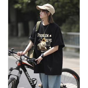 慵懒风小猫咪印花休闲宽松打底衫美式vibe纯棉短袖T恤HY574TP20图片