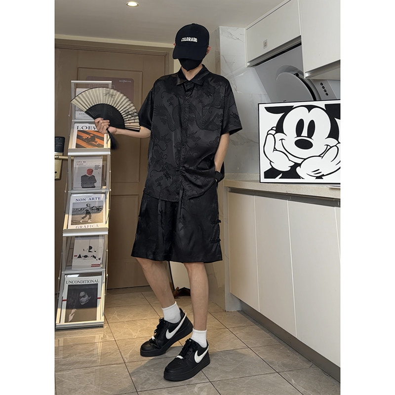 新款新中式龙纹宽松休闲薄款衬衣短裤套装唐装风套装T11TP65,男装衬衫,电商A102B