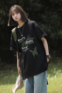 美式高街男女同款蝴蝶印花短袖多色圆领纯棉打底衫HY561TP25控39图片