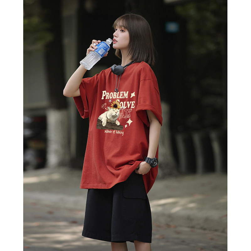 慵懒风小猫咪印花休闲宽松打底衫美式纯棉圆领短袖T恤HY574TP20,男装T恤,电商A102B