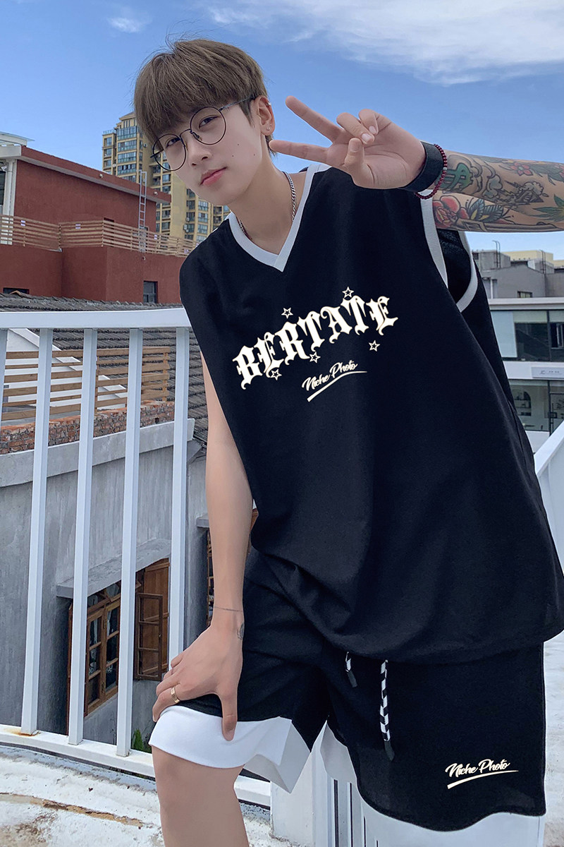 潮流无袖宽松休闲运动服美式外穿篮球运动服套装T13TP55,男装衬衫,电商A102B