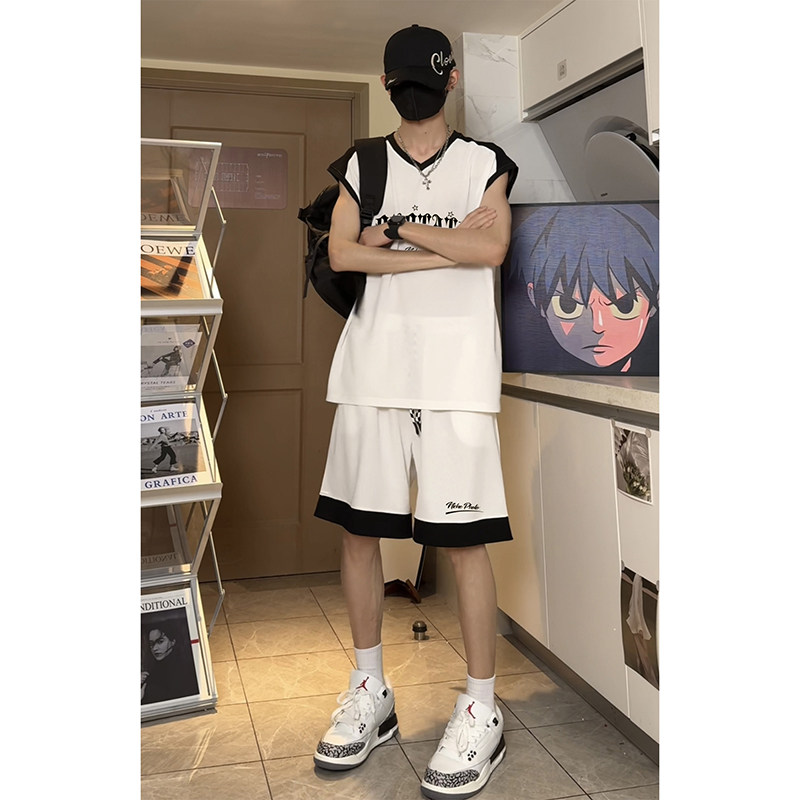 潮流无袖宽松休闲运动服oversize美式外穿篮球运动服套装T13TP55,男装衬衫,电商A102B