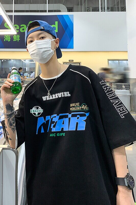 2024潮牌字母美式拼接机车服短袖男女宽松圆领T恤HY165TP35控48,男装T恤,电商A102B