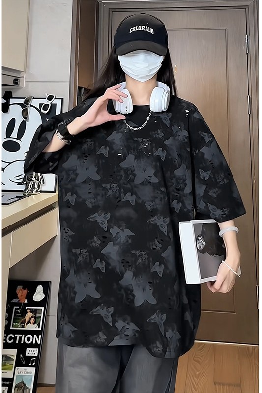 美式高街百搭款蝴蝶破洞短袖圆领纯棉休闲短袖打底衫HY556TP38,男装T恤,电商A102B
