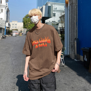 美式圆领纯棉短袖T恤火焰印花宽松休闲vibe潮流打底衫HY573TP20图片