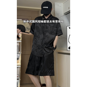 新款风套装新中式龙纹宽松休闲薄款衬衣短裤套装唐装T11TP65图片