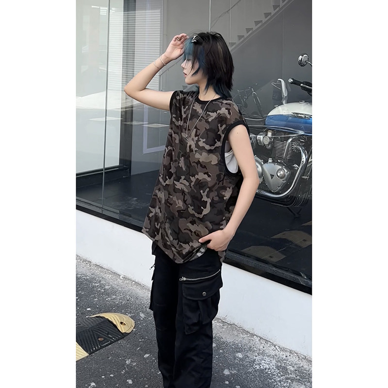 韩版迷彩打底背心男女同款潮流纯棉宽松休闲圆领无袖T恤HY572TP28,男装T恤,电商A102B
