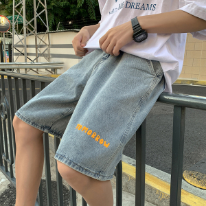 港风牛仔短裤男宽松夏季字母五分裤潮流百搭帅气裤子T图片