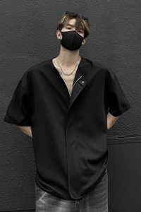 韩版夏季t恤衫宽松外套小众纯色开衫衬衣短袖衬衫HY537TP38控59图片